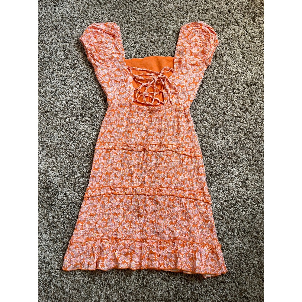 Sim & Sam Womens Small Dress Orange Daisy Floral Smocked Puff Sleeve Mini - Picture 5 of 11